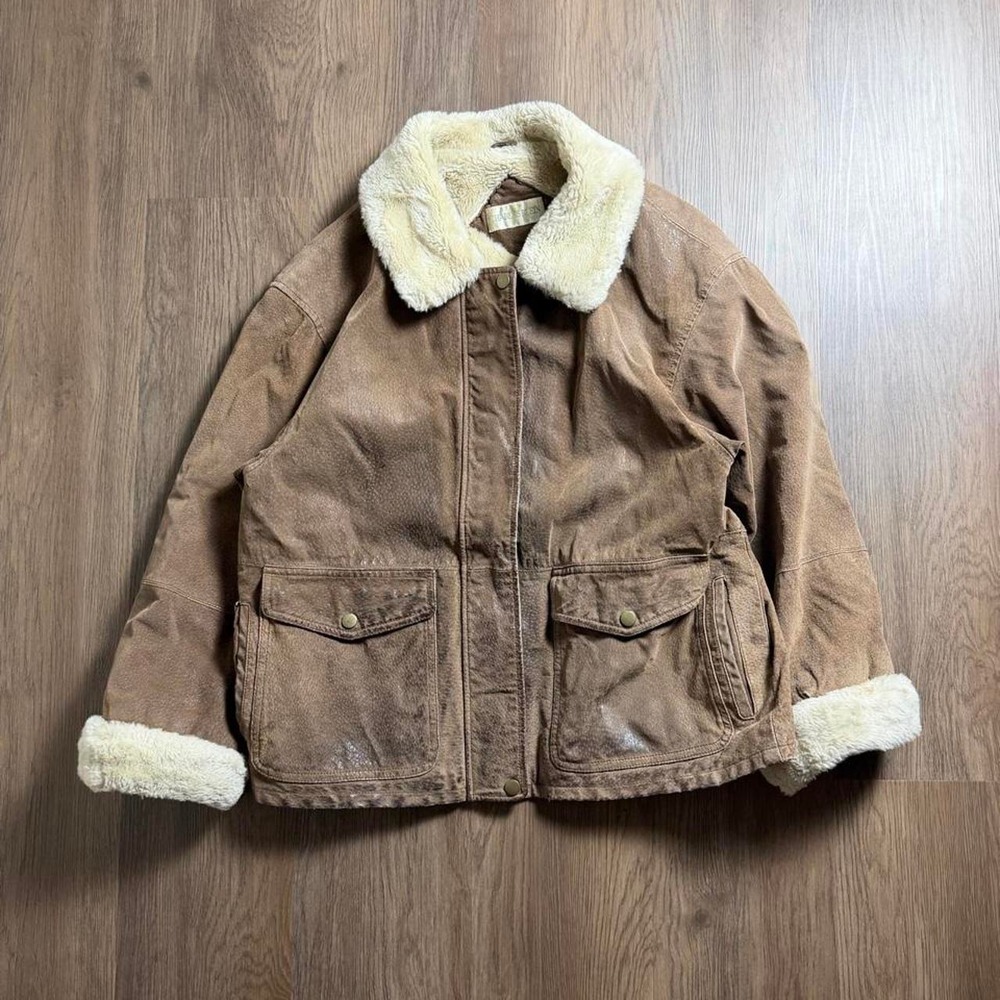 Vintage Charles Klein Penny Lane Boho Suede Leather Faux Fur Jacket Brown XL